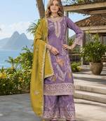 Purple shimmer free size stitched palazzo suit with codding dori & sequin work