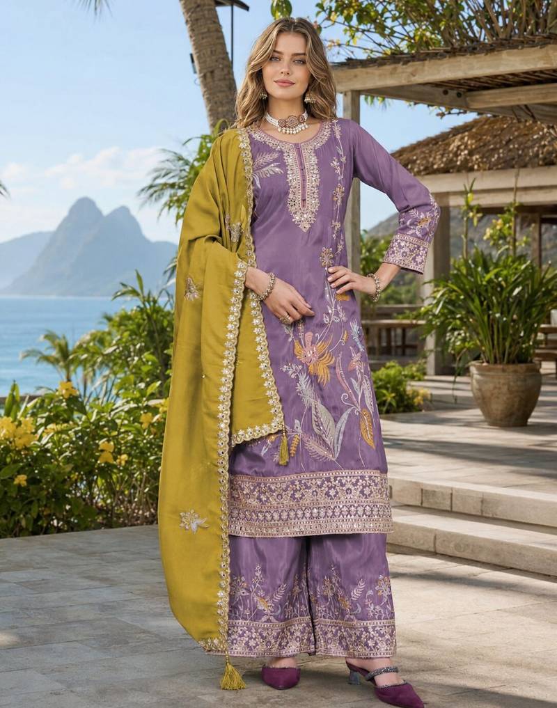 Purple shimmer free size stitched palazzo suit with codding dori & sequin work