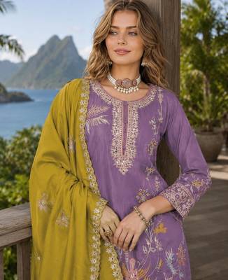 Purple shimmer free size stitched palazzo suit with codding dori & sequin work 2