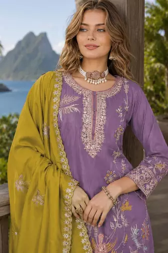Purple shimmer free size stitched palazzo suit with codding dori & sequin work