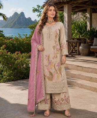 Cream shimmer free size stitched palazzo suit with codding dori & sequin work 1