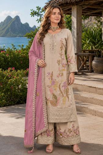 Cream shimmer free size stitched palazzo suit with codding dori & sequin work