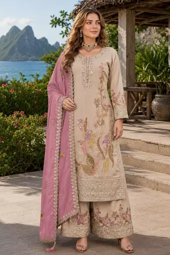 Cream shimmer free size stitched palazzo suit with codding dori & sequin work