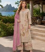 Cream shimmer free size stitched palazzo suit with codding dori & sequin work