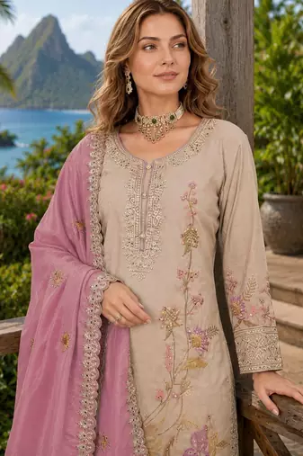 Cream shimmer free size stitched palazzo suit with codding dori & sequin work