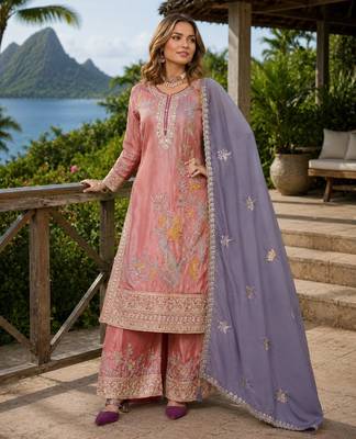Peach shimmer free size stitched palazzo suit with codding dori & sequin work 1