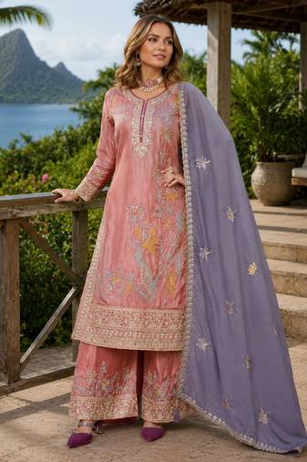 Peach shimmer free size stitched palazzo suit with codding dori & sequin work