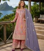 Peach shimmer free size stitched palazzo suit with codding dori & sequin work