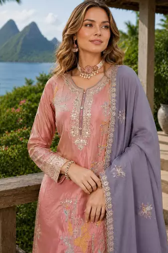 Peach shimmer free size stitched palazzo suit with codding dori & sequin work