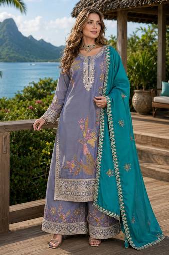 Grey shimmer free size stitched palazzo suit with codding dori & sequin work