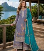 Grey shimmer free size stitched palazzo suit with codding dori & sequin work
