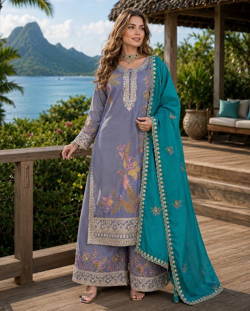 Grey shimmer free size stitched palazzo suit with codding dori & sequin work