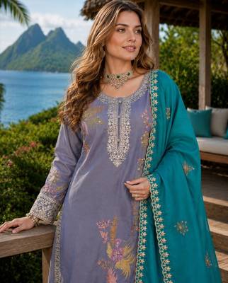Grey shimmer free size stitched palazzo suit with codding dori & sequin work 2