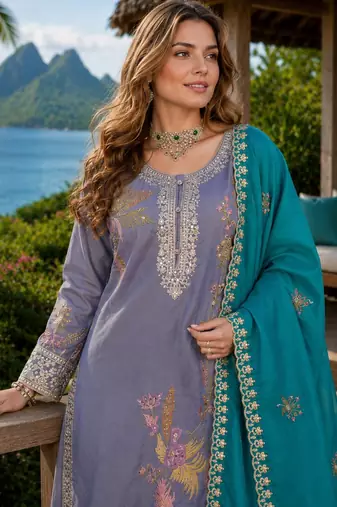 Grey shimmer free size stitched palazzo suit with codding dori & sequin work