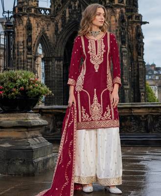 Maroon chinon free size stitched palazzo suit with codding dori & sequin work 1