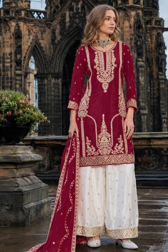 Maroon chinon free size stitched palazzo suit with codding dori & sequin work