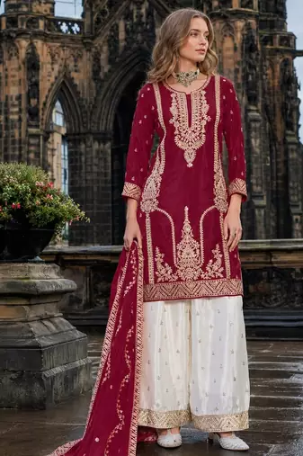 Maroon chinon free size stitched palazzo suit with codding dori & sequin work