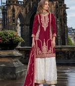 Maroon chinon free size stitched palazzo suit with codding dori & sequin work
