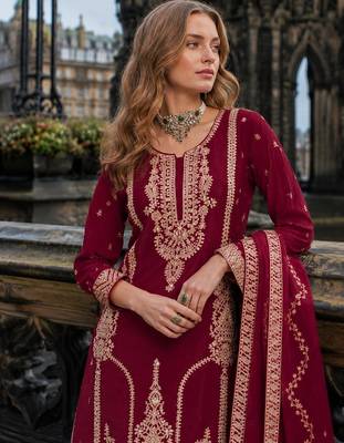 Maroon chinon free size stitched palazzo suit with codding dori & sequin work 2