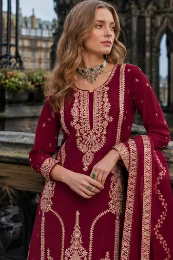 Maroon chinon free size stitched palazzo suit with codding dori & sequin work