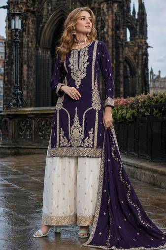 Violet chinon free size stitched palazzo suit with codding dori & sequin work
