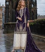 Violet chinon free size stitched palazzo suit with codding dori & sequin work