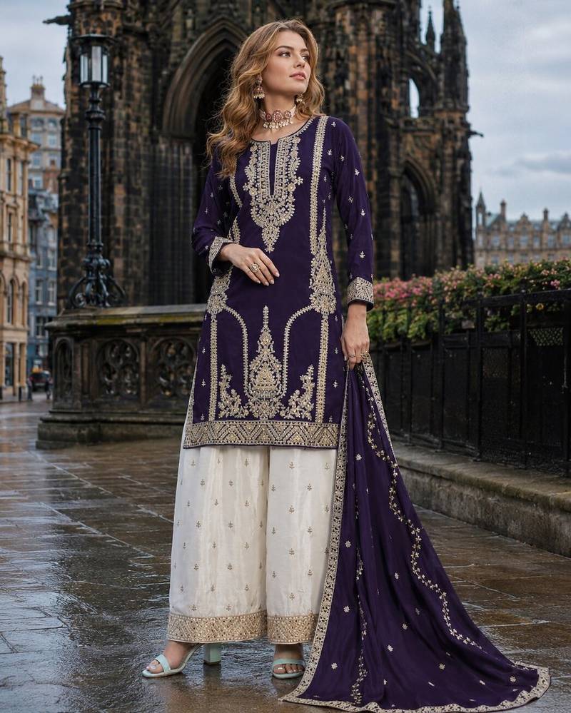 Violet chinon free size stitched palazzo suit with codding dori & sequin work
