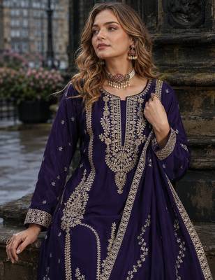Violet chinon free size stitched palazzo suit with codding dori & sequin work 2