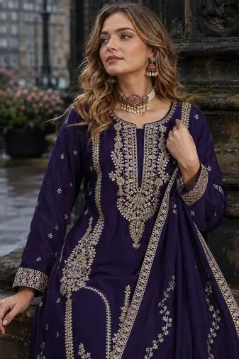 Violet chinon free size stitched palazzo suit with codding dori & sequin work