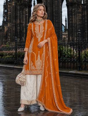 Orange chinon free size stitched palazzo suit with codding dori & sequin work 1