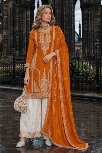 Orange chinon free size stitched palazzo suit with codding dori & sequin work