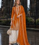Orange chinon free size stitched palazzo suit with codding dori & sequin work