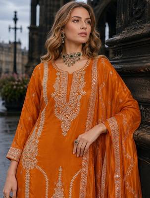 Orange chinon free size stitched palazzo suit with codding dori & sequin work 2