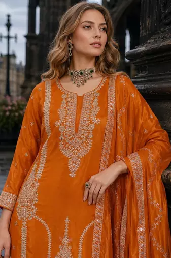 Orange chinon free size stitched palazzo suit with codding dori & sequin work