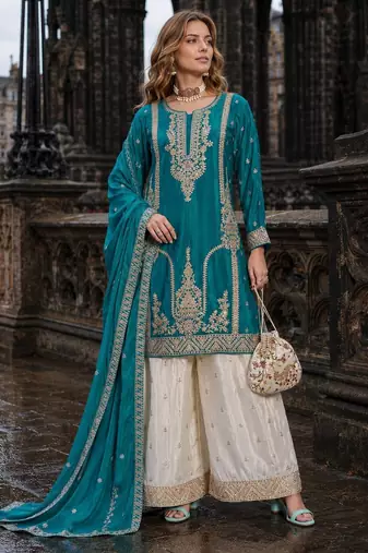 Blue chinon free size stitched palazzo suit with codding dori & sequin work