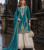 Blue chinon free size stitched palazzo suit with codding dori & sequin work