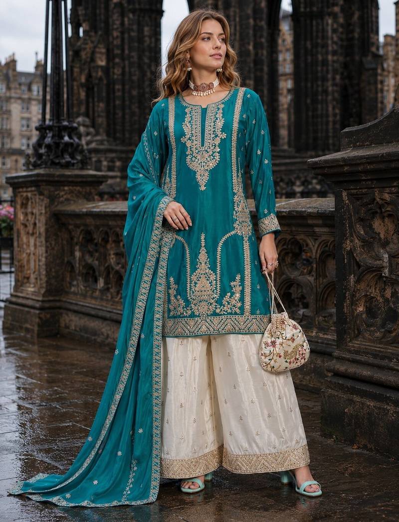 Blue chinon free size stitched palazzo suit with codding dori & sequin work