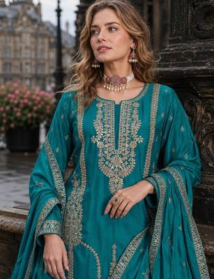 Blue chinon free size stitched palazzo suit with codding dori & sequin work 2