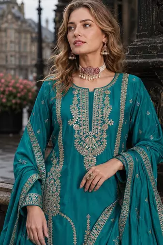 Blue chinon free size stitched palazzo suit with codding dori & sequin work