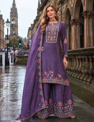Purple chinon free size stitched palazzo suit with codding dori & sequin work 1