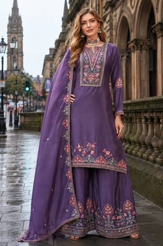 Purple chinon free size stitched palazzo suit with codding dori & sequin work