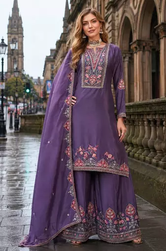 Purple chinon free size stitched palazzo suit with codding dori & sequin work