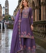 Purple chinon free size stitched palazzo suit with codding dori & sequin work
