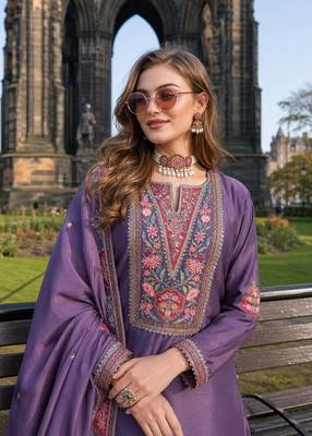 Purple chinon free size stitched palazzo suit with codding dori & sequin work 2