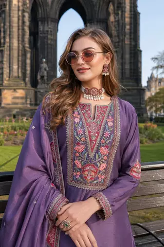 Purple chinon free size stitched palazzo suit with codding dori & sequin work