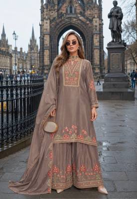Chiku chinon free size stitched palazzo suit with codding dori & sequin work 1