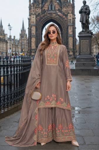 Chiku chinon free size stitched palazzo suit with codding dori & sequin work