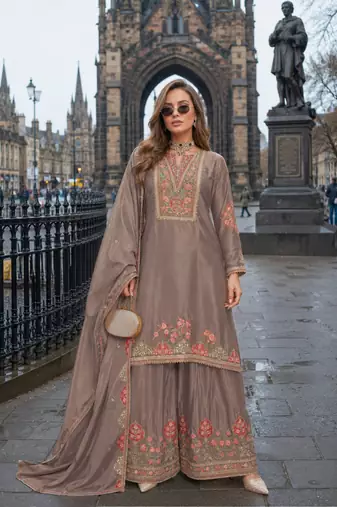 Chiku chinon free size stitched palazzo suit with codding dori & sequin work