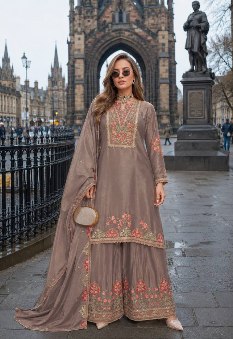 Chiku chinon free size stitched palazzo suit with codding dori & sequin work
