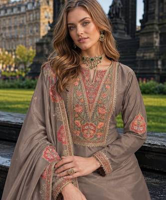 Chiku chinon free size stitched palazzo suit with codding dori & sequin work 2